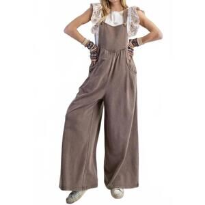 NEW EASEL washed terry knit overalls in mocha